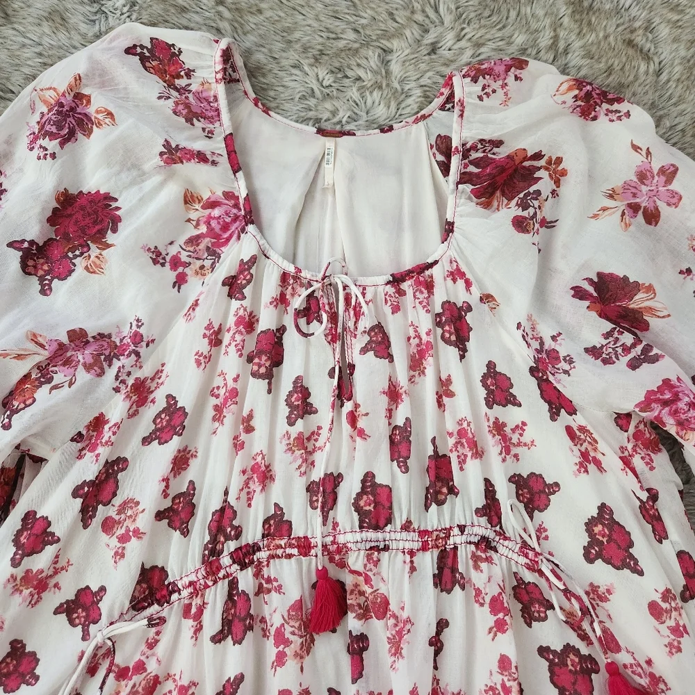 Free People Camella Mini Dress‎ White And Pink Floral Print Women's Size Large